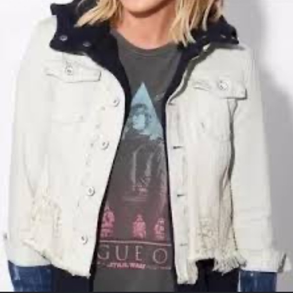 Free People Double Weave Distressed Denim Jacket Fleece Layer With Hood Sz S - Picture 2 of 15